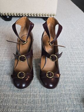 Chloe Burgundy Leather Strappy Heels with Gold Buckles